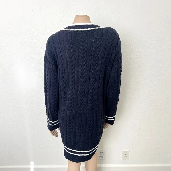 [VICI] Navy Blue White V-Neck Chunky Cable Knit Oversized Sweater Dress NWT XL - Image 3