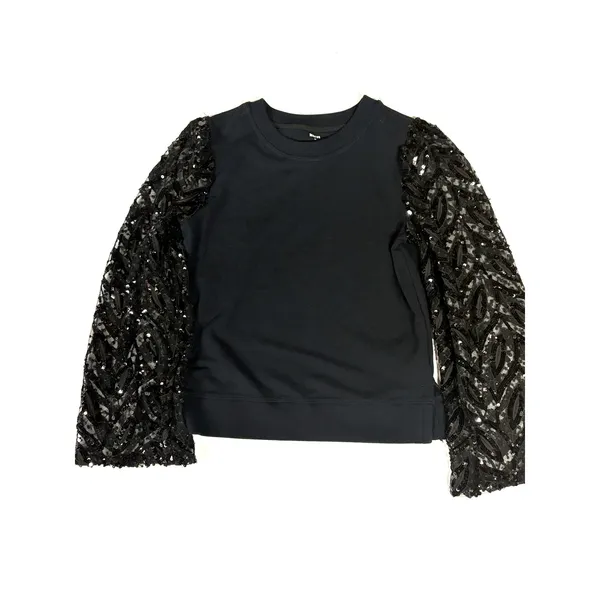 Anthropologie Maeve Tasha Sequin Lace Bell Sleeve Sweatshirt Black XS - Image 3