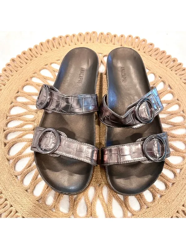 Anacapri Silver Leather Crocodile Slide Metallic Sandals EU 40 - Image 3
