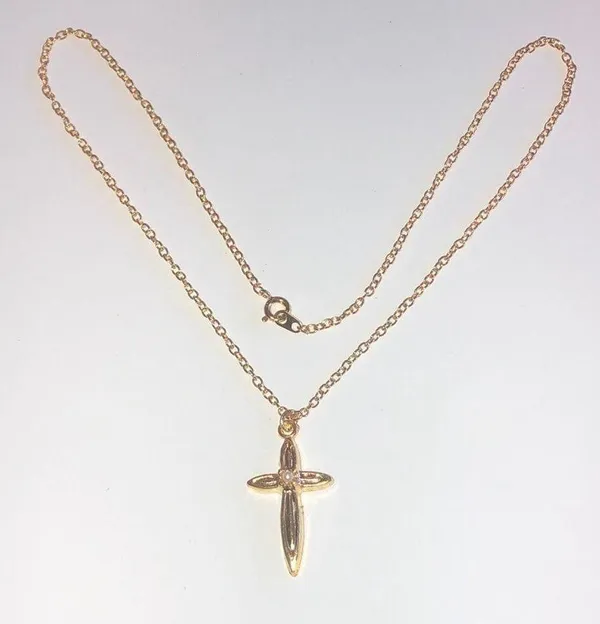 Vintage Gold Tone & Faux Pearl Cross Pendant Necklace - Image 2