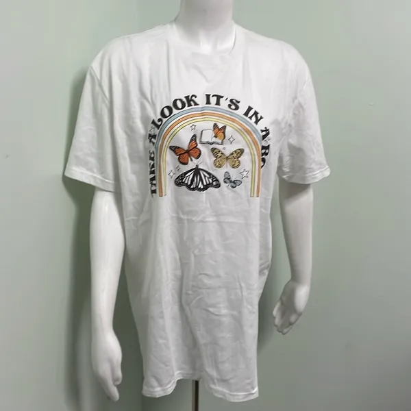"TAKE A LOOK IT'S IN A BOOK" reading rainbow butterfly tee shirt size large FLAW - Image 2