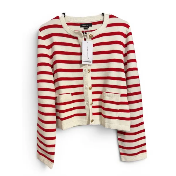 Urban Revivo Striped Cardigan Red White Gold Button Crew Neck‎ Knit Sweater - Image 3