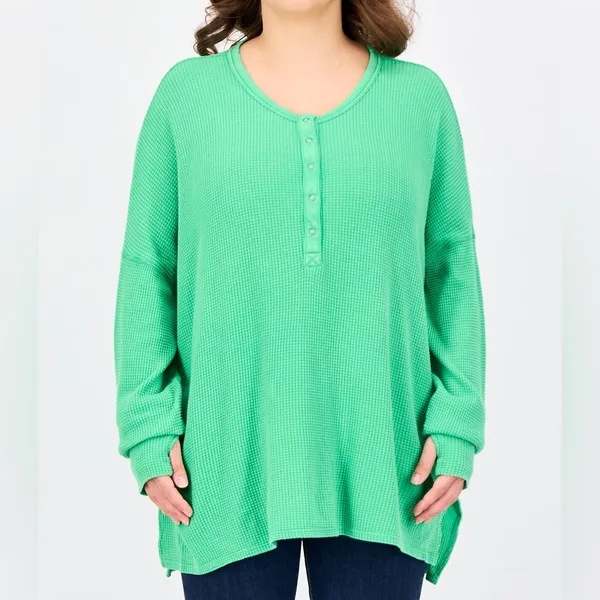 Offline by Aerie NWOT Green Oversized Long Sleeve Waffle Knit Henley Tunic - L - Image 2