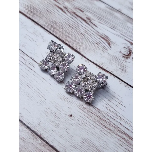 Vintage Clip On Earrings - Cluster of Clear Gems with Silver Tone - 1" - Image 2