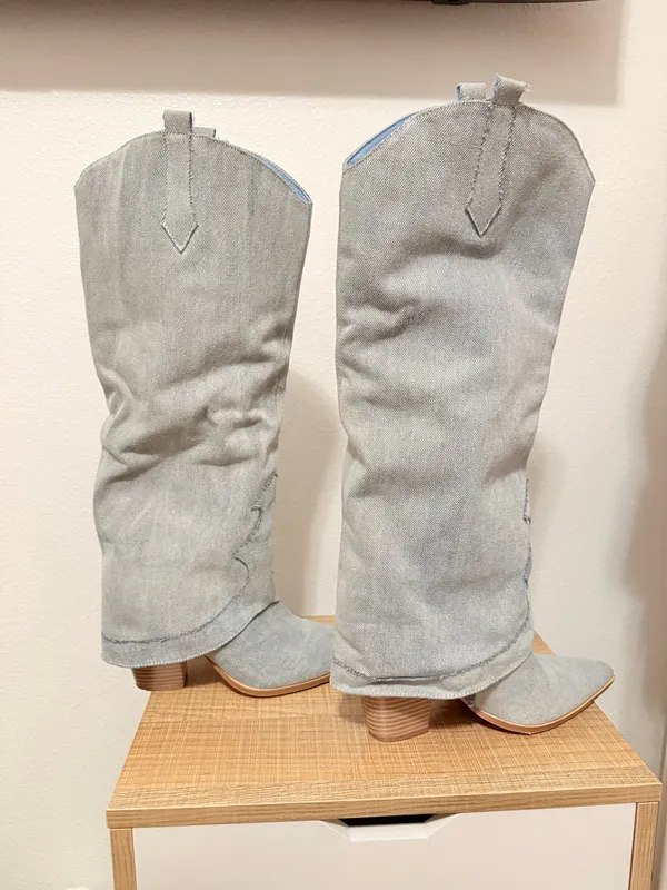 Blue Denim Knee High Cowboy Boots Size 8.5 - Image 8