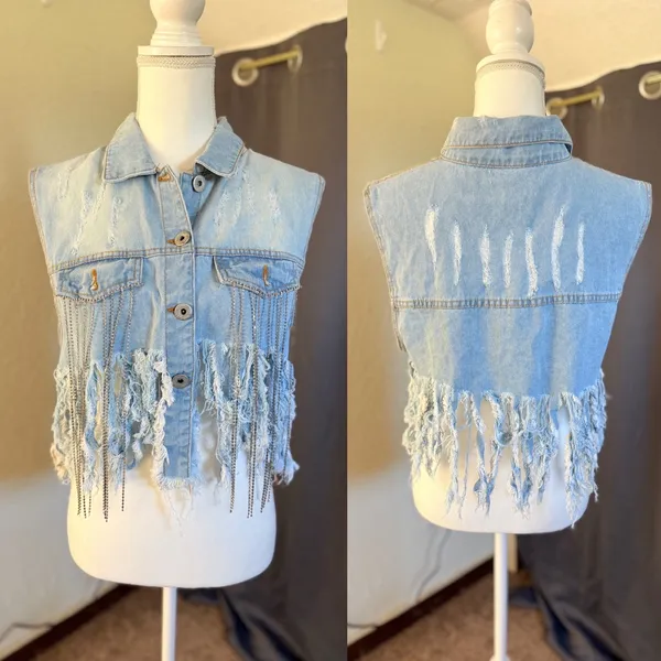 Spoon Jeans Denim Vest Women XL Blue Distressed Rhinestone Fringe Western Crop - Image 2