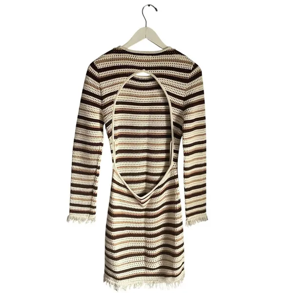 Reformation Pesca Crochet Dress Striped Brown Cream Cutout Fringe size M Boho - Image 3