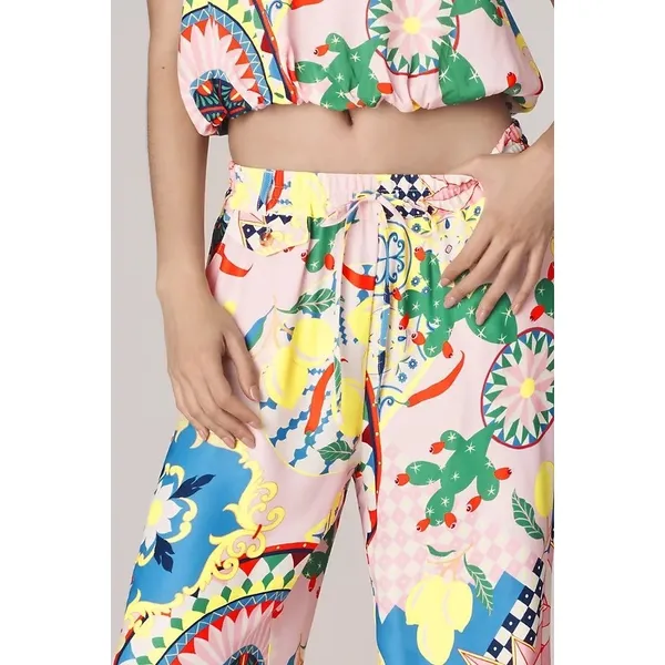 Anthropologie SET Pink Cactus Print Balloon Crop Top Wide‎ Leg Pants Set XS NWT - Image 4