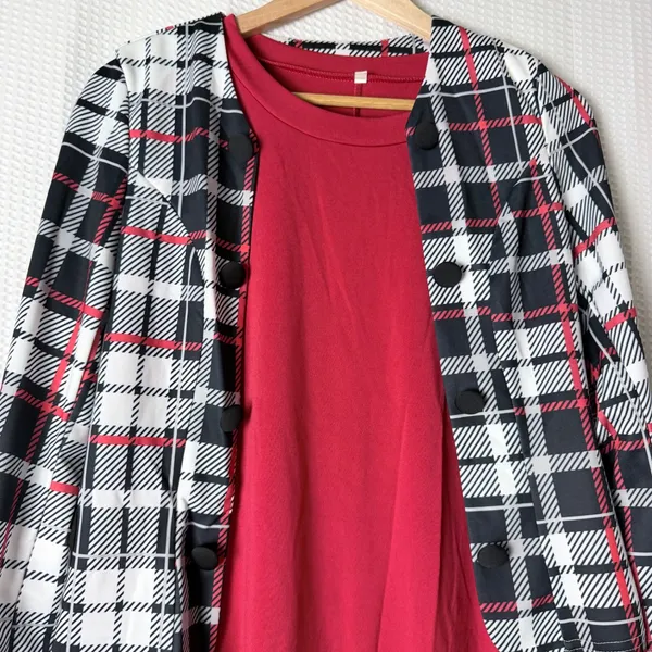Modest Dress Jacket Set Women Large Red Plaid Workwear Belted Church Office Midi - Image 4