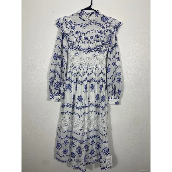 ASOS EDITION White Blue Embroidered Maxi Dress Lace Long Sleeve US 2 . - Image 3