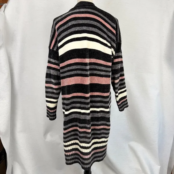 Olive + Oak Chenille Longline Cardigan Womens Medium Striped Grey Pink Cream - Image 5