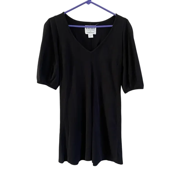 Anthropologie Velvet Puff Sleeve V-Neck Black Cotton Mini Dress Size Small‎ - Image 2