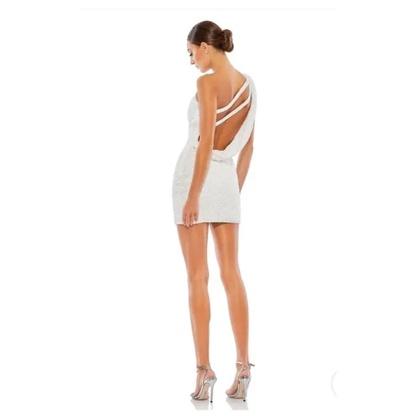 Mac Duggal Size 12 NEW One Shoulder White Sequined Mini Dress 5263 FLAW - Image 3