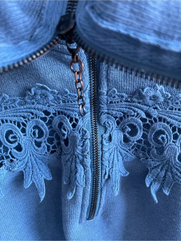 Free People Sky Blue Lace-Trim Quarter Zip Top Size S - Image 5