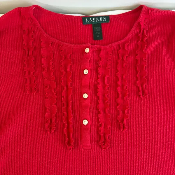 Lauren Ralph Lauren Red Thermal Waffle Knit Ruffle Henley Top Womens Size Medium - Image 3