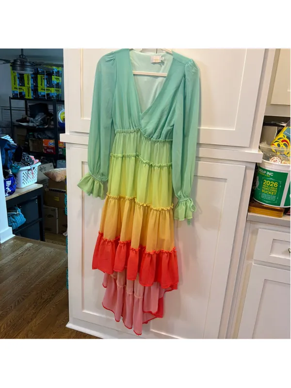 Champagne & Strawberry Rainbow Colorblock Tiered High Low Dress XS Chiffon Ombré - Image 14