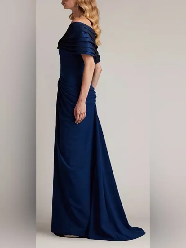 NEW Tadashi Shoji Seraphine Pleated Portrait Collar navy blue Gown Sz 14 - Image 3