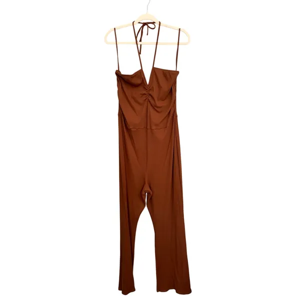 NEW Aerie Brown Halter Ribbed Slim Flare V-neck Boho Casual Jumpsuit XXL - Image 3