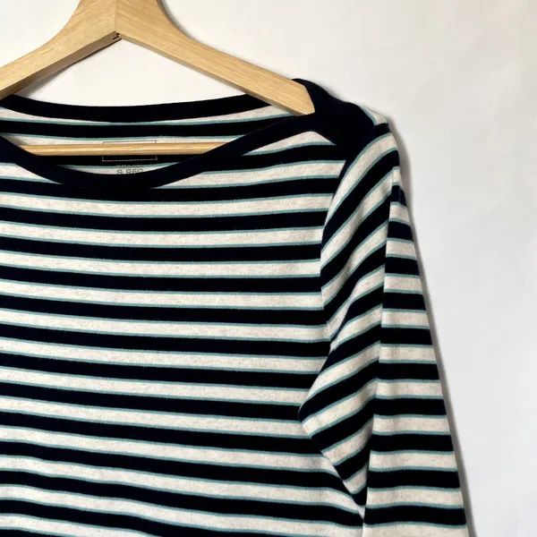 L.L.Bean blue white striped sailor style women's shirt S cotton top boat‎ neck - Image 2