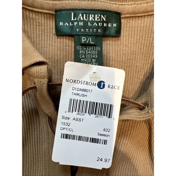 Vintage 90s Y2K Lauren Ralph Lauren Ribbed Polo Shirt Lace Up Camel Tan Heritage - Image 5