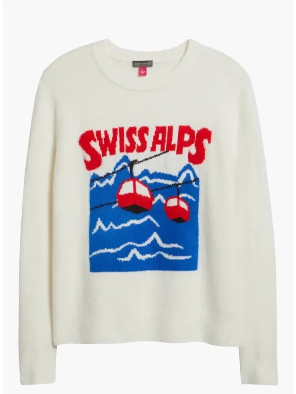 Vince Camuto Cream Crewneck Sweater with Blue & Red Swiss Alps Graphic - Image 2