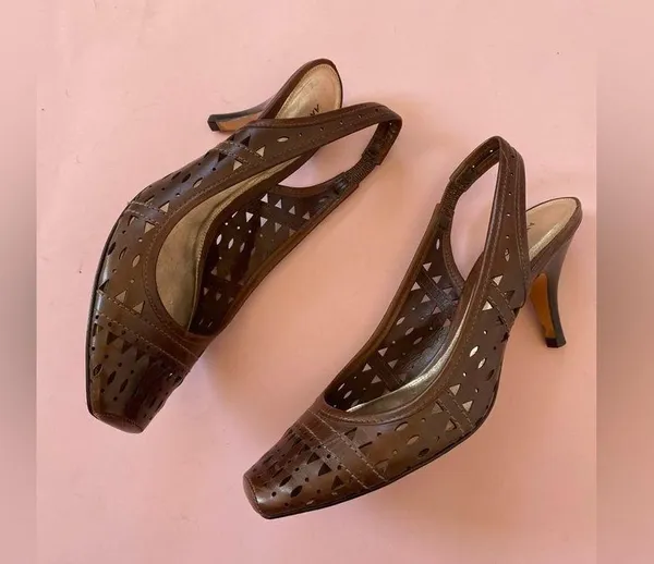 Antonio Melani Brown Leather Laser Cut Square Toe Sling Kitten Heels - Image 3