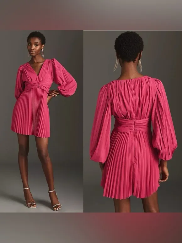 Aureta x Anthropologie Pleated Mini Dress‎ Magenta Pink V-Neck Balloon Sleeve M - Image 2