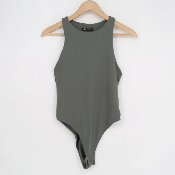 Zara Womens Racerback High Neck Sleeveless Bodysuit Olive Green Size M - Image 2