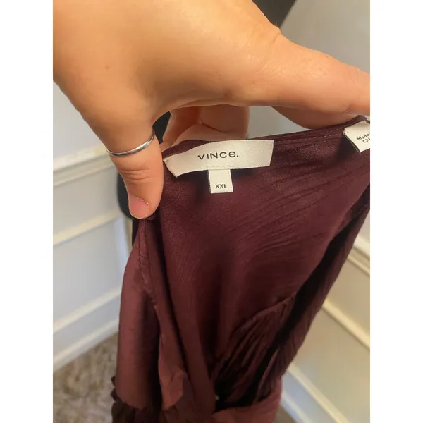 Vince Crushed Satin Flutter Sleeve Dress in Burgundy Crinkle Plisse V Neck Shift - Image 7