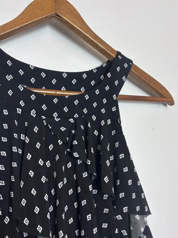 White House Black Market Black White Diamond Geometric Print Ruffle Tiered Dress - Image 3