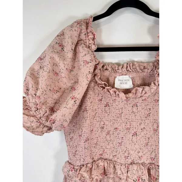 Hyacinth House Womens Dress Beige Mini Floral Smocked Ruffle Puffed A Line Large - Image 7