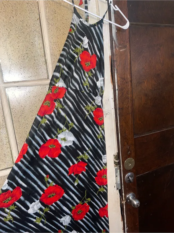 Vintage Floral Halter Zebra Maxi Dress, Red Floral on Black - Sz XS - Image 4