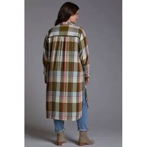 Pilcro Shirt Dress Women Medium Olive‎ Plaid Longline Duster Button Front Boho - Image 5