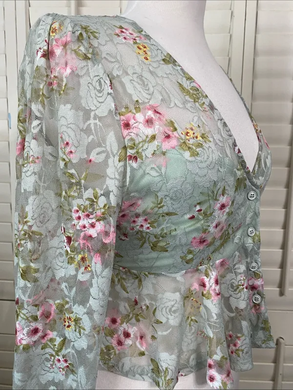 Lulu's Mint Floral Lace Peplum mesh Blouse with Pink Accents - Image 7