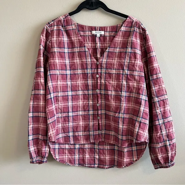 ✨ Madewell‎ V-Neck Button-Down Shirt in Stratfield Plaid Pink Small - Image 2