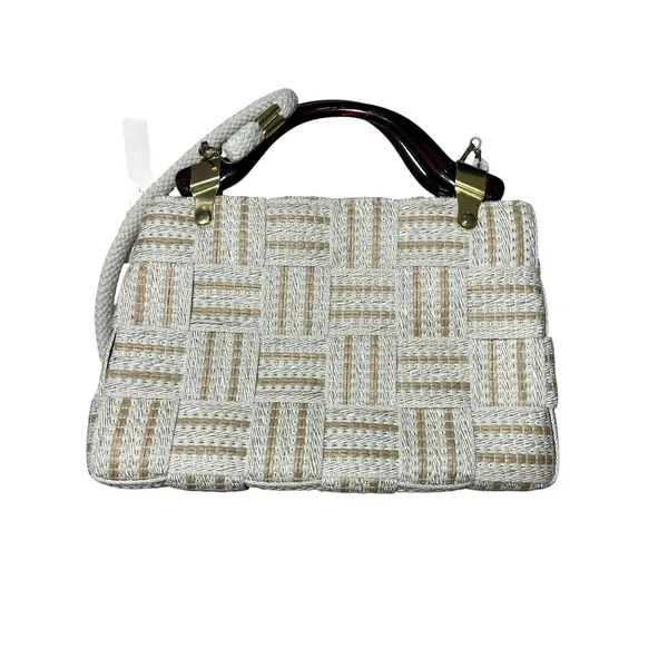 Vtg Handbag Purse Woven Purse Lucite Handles Made In Italy NWT Bohemian Neutral - Image 5