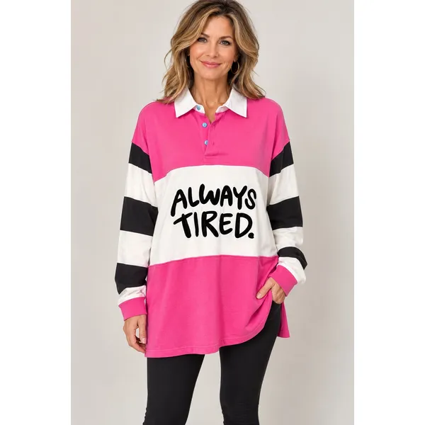 NWT SALEM7 L Always Tired Color Block Rugby Tunic Top Pink Black - Image 2