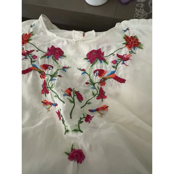Zara Collection Dress Sz L Cotton Silk Blend Puff Sleeve Floral Embroidered - Image 15