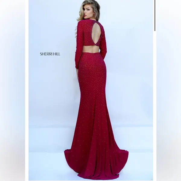 SHERRI HILL Two Piece Long Sleeve Dress with Side Slit in Ruby - Image 2
