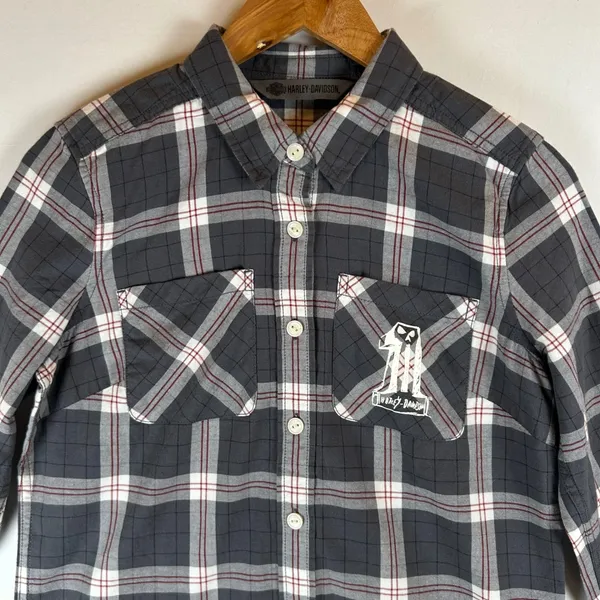 Harley-Davidson Womens Plaid Roll-Tab Button‎ Down Shirt Grey Small NEW - Image 9