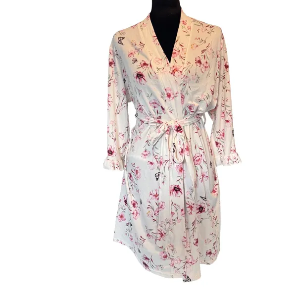 Laura Ashley Womens Pink‎ Floral Butterfly Print Robe White Small 3007-S1 - Image 3