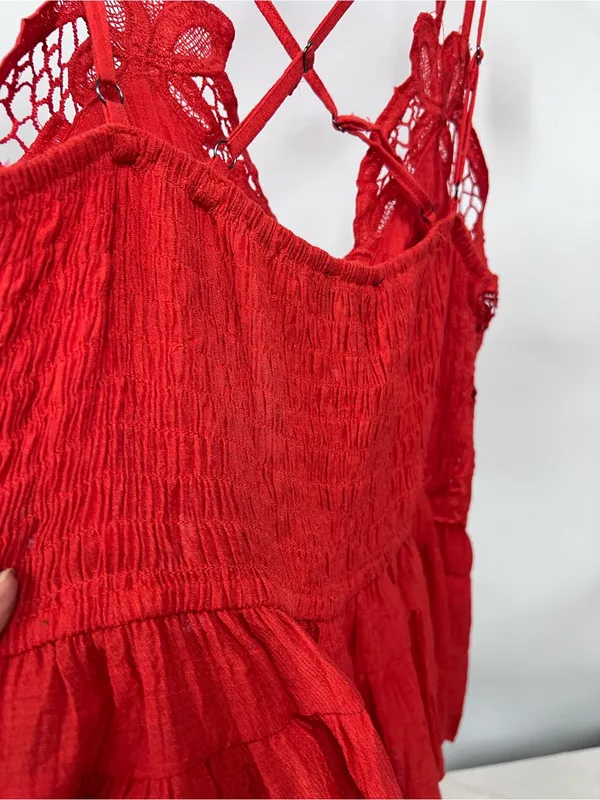 Red Lace bohemian tank top Strappy Camisole crochet peplum tiered bralette M - Image 7