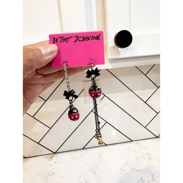 Betsey Johnson Ladybug Earrings crystal post stud black bows pink ladybug dangle - Image 4