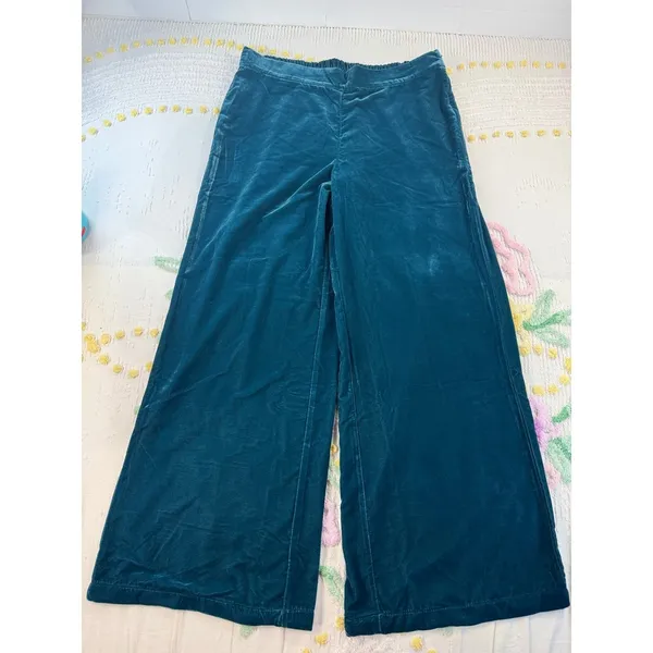 Wynne Collection Teal Blue Velvet Wide Leg Pants XL Elastic Waist Flowy‎ Elegant - Image 2
