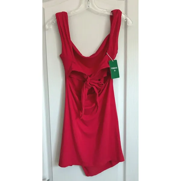 Halara Red Cowl Neck Open Back Ruched Asymmetrical‎ Mini Dress Medium NWT - Image 8