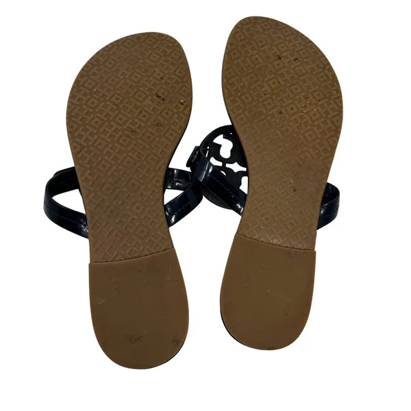 TORY BURCH Navy Blue Rainbow Stripe Miller Logo Patent Leather Sandals Size 7 - Image 6
