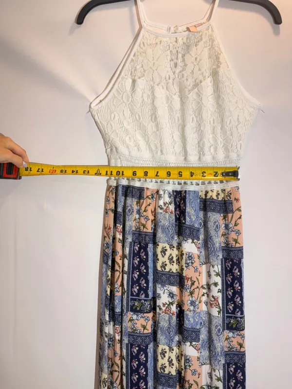 Boho Patchwork Floral Lace Halter Tie Waist Flowy Maxi Dress Size M - Image 7