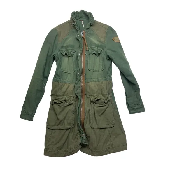 Free People size small jacket military green trench academia 80s retro patch - Image 3
