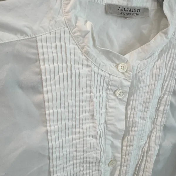 AllSaints Mae Shirt White Pleated Bib Tuxedo Blouse Organic Cotton‎ US 6 - Image 3