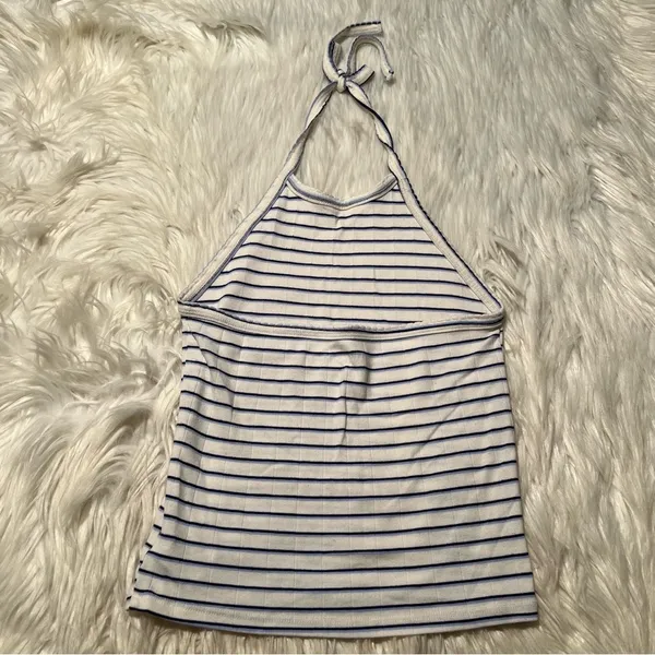 American Eagle Womens Size XS Halter Top White Navy Blue Stripes Textured Cotton - Image 5